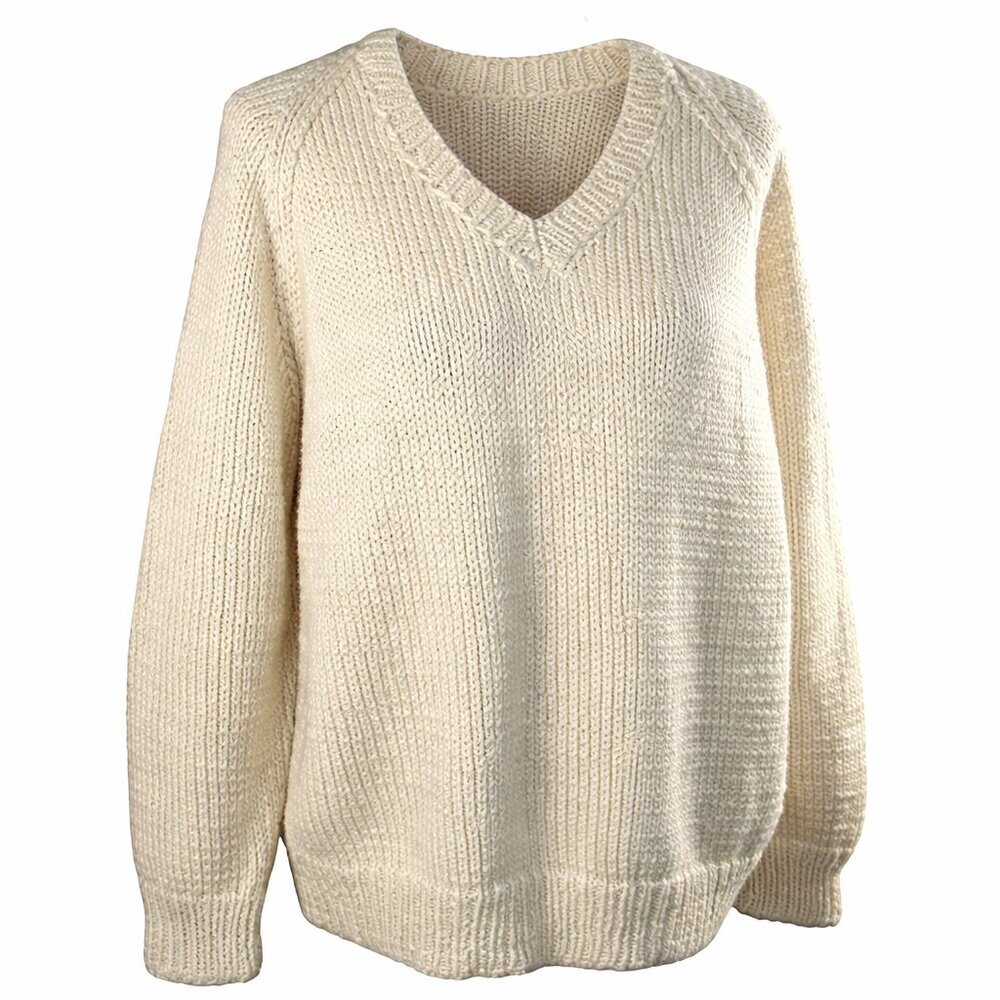 Hand Knit Custom Designer Heavy Cable Calf Face Cream V-Neck Sweater Size Large - Picture 4 of 8
